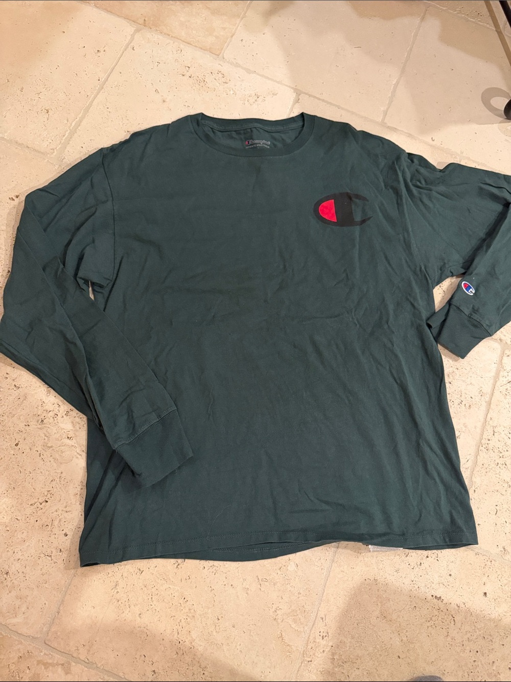 Champion Long-Sleeve Crewneck Shirt - Forest Green with Red Logo